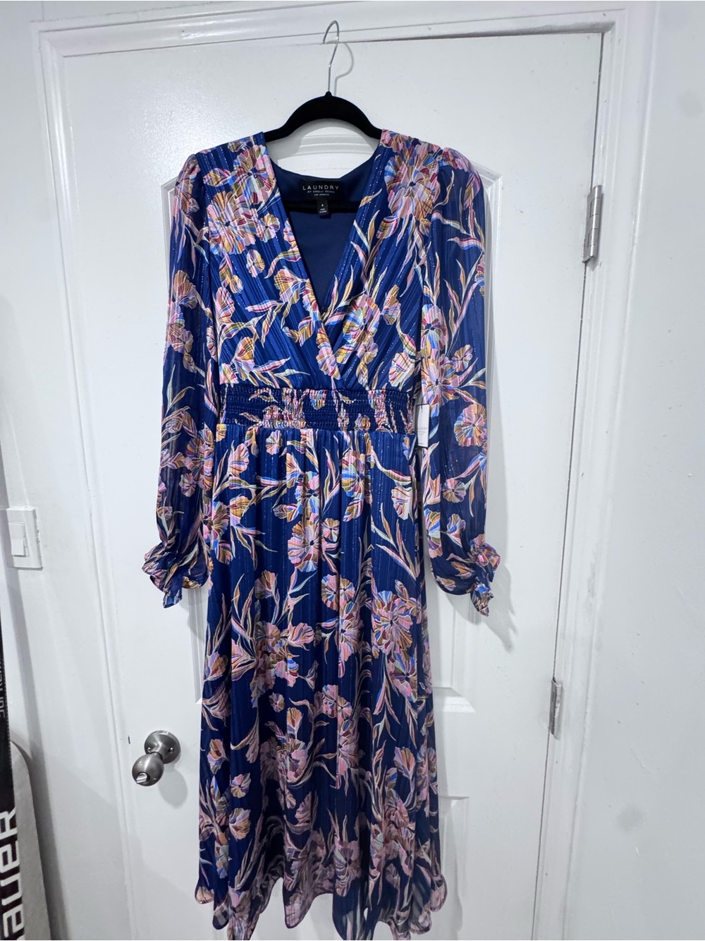 Laundry By Shelli Segal Navy Floral Wrap Maxi Dress with Pink & Cream Blossoms